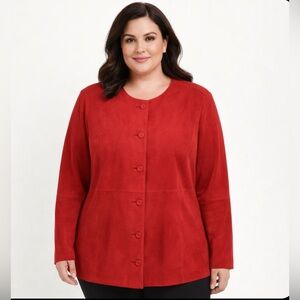 Eileen Fisher Woman Goat Suede Button Jacket Crimson Red Career Casual Size 1X